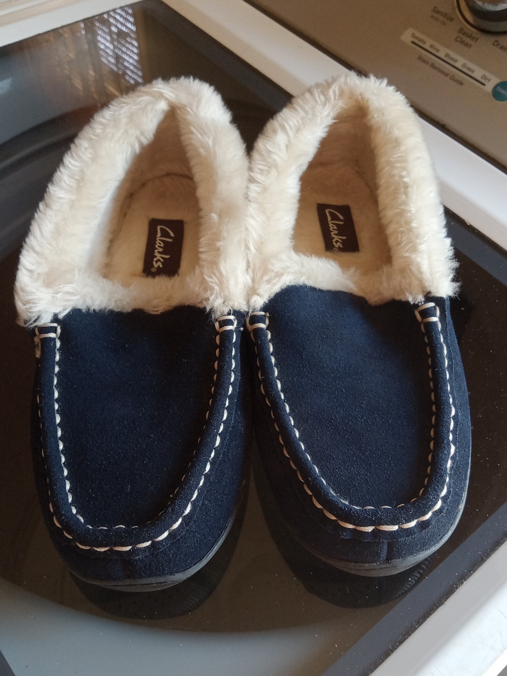 Clarks Navy Suede-Like Faux Fur Lined Slip-On Slippers